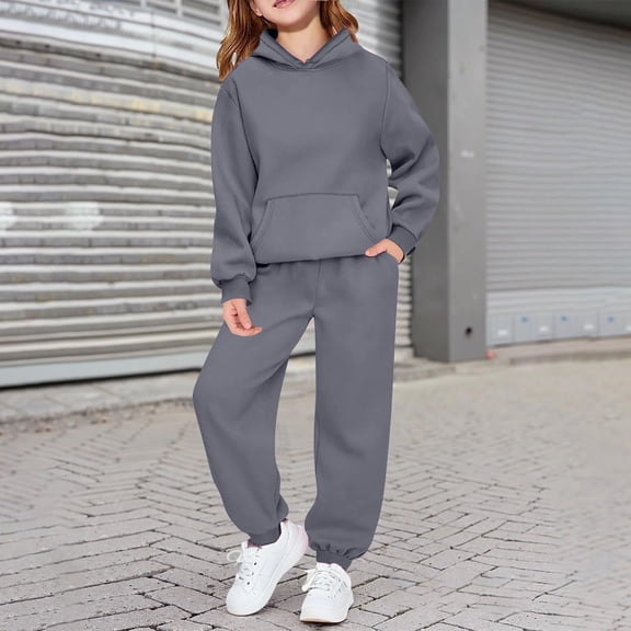 Cyglowse 2 Piece Sweatsuits for Teen Girls Plain Fleece Hoodies Sweatpants Joggers Set Warm Casual Pullover Tracksuits Outfits Dark Gray 12-13Y