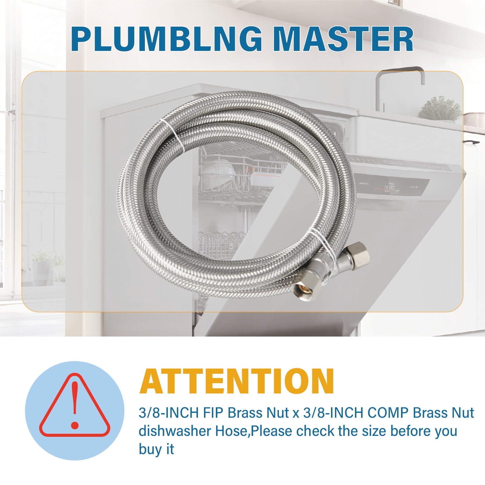6Ft Stainless Steel Dishwasher Water Supply Line, F 3/8 C x F 3/8 C Brass Nut, Flexible Washer Supply Hose, Universal Fit, Leak-Proof