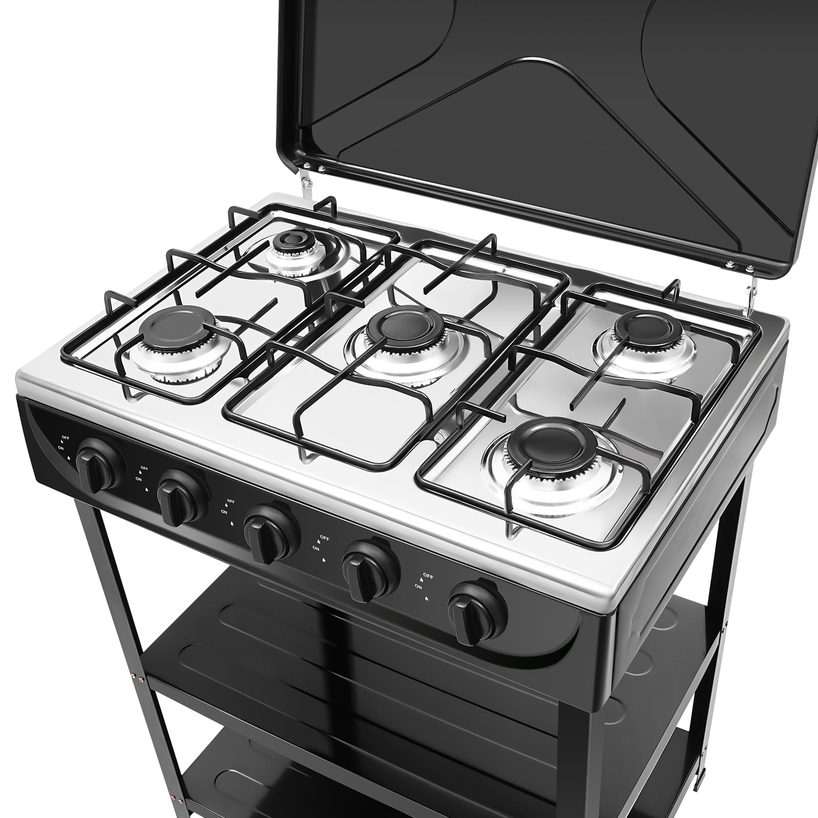 Natural Gas Stove with 5 Burners, Outdoor Camping Cooking BBQ Grill with 2-Tier Storage Rack