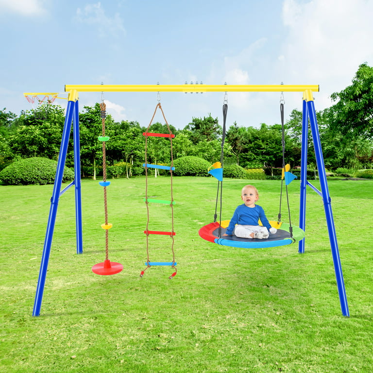 4 in 1 Outdoor Toddler Saucer Swing Set for Backyard, Playground Tree Swing Sets with Steel Frames, Climbing Rope with Disc Tree Swing Playset and