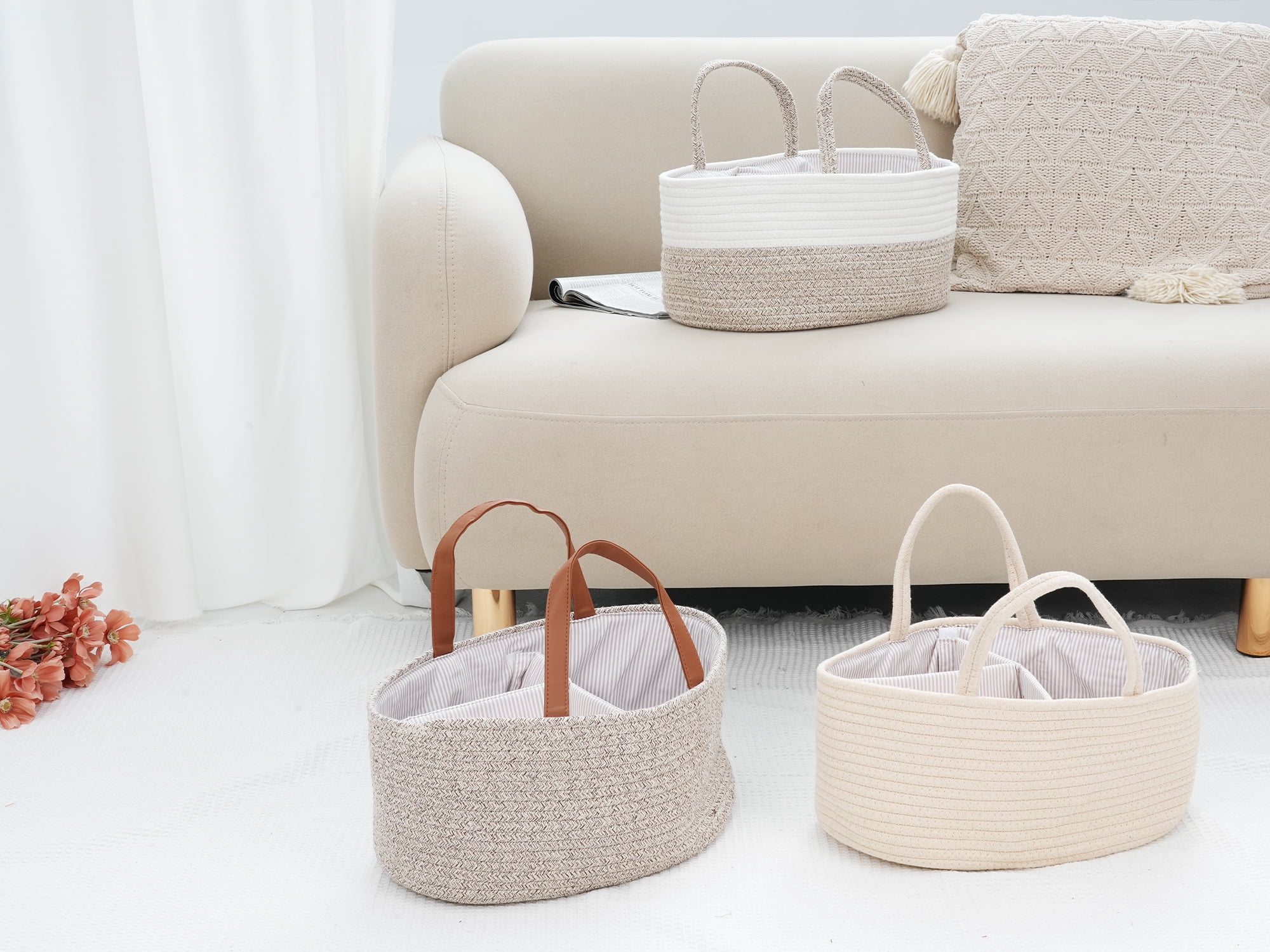 Unique Bargains 1 Pack Woven Storage Basket Bin with Divider and Handle Brown S
