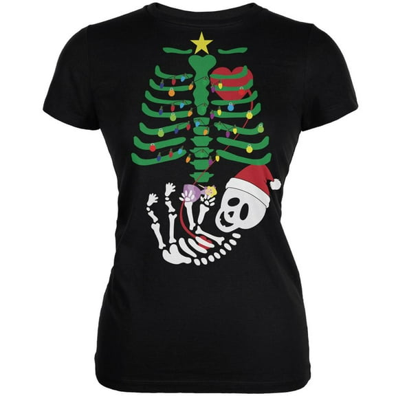 Christmas Tree Baby Skeleton Doll Black Juniors Soft T-Shirt - X-Large