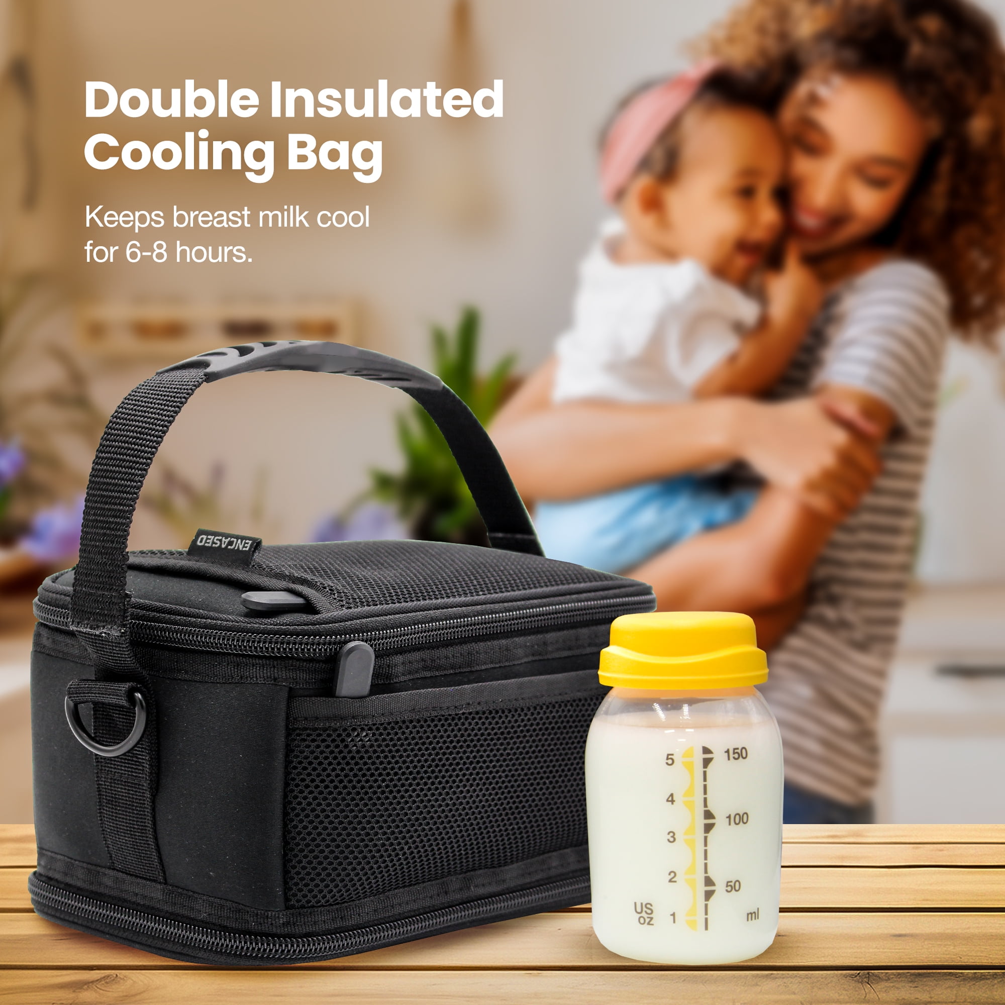 Encased Breastmilk Cooler Bag Designed for 6 Medela Express Milk Bottles - Insulated Freezable Storage Bag with Built-In Ice Packs for Travel / On the Go Moms