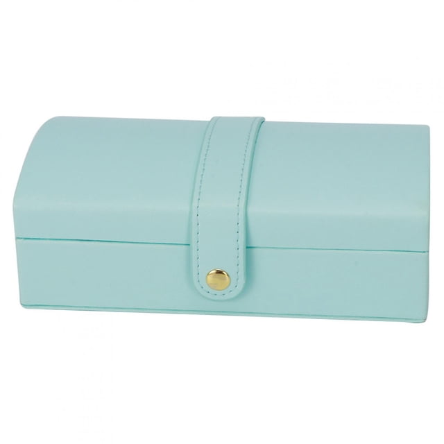 Joyero portátil de viaje de cuero sintético con múltiples capas para guardar pendientes, anillos y collares, color azul claro.