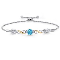 925 Silver and 10K Yellow Gold Swiss Blue Topaz and White Moissanite and White Lab Grown Diamond Bracelet for Women | 2.50 Cttw | Gemstone November Birthstone | Cushion 6MM | Fully Adjustable 9 inch