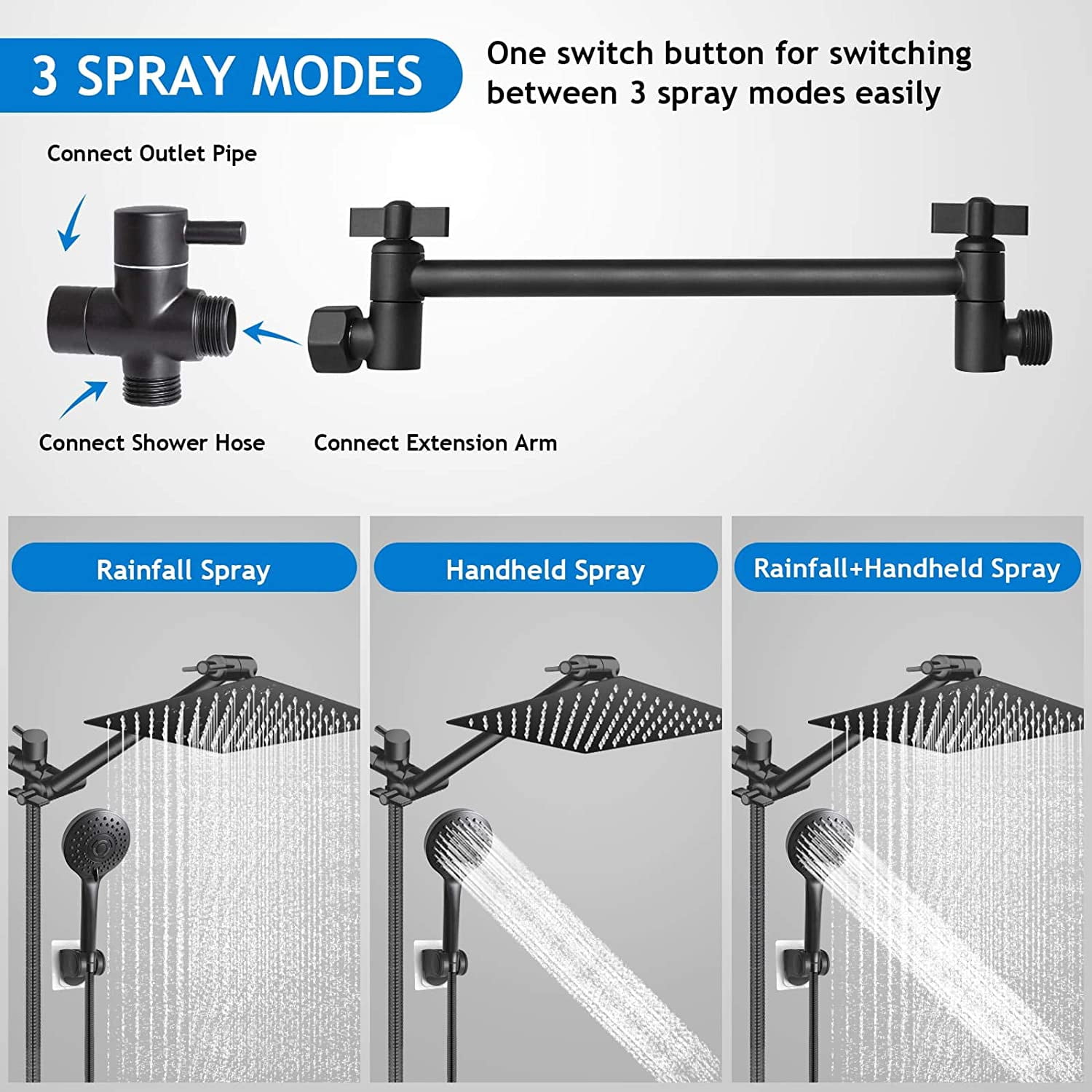 KINGTACK shower head combo, 12 Inch Rain Shower Head with Adjustable Extension Arm and 5 Spray Filtered Shower Head, Black