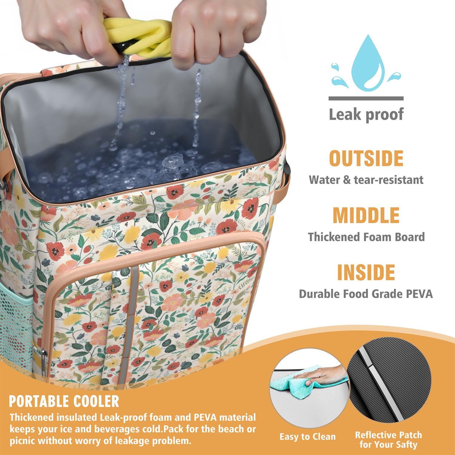 Travel Cooler Bag - Pioneer Flower Floral Print Pattern Camping Beer Cooler Backpack with Bottle Opener- Waterproof Insulated Picnic Backpacks - Cooler Bag for Beach