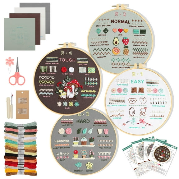 EEEkit 4pcs Embroidery Starter Kit, Beginner Cross Stitch Practice Set with Hoop Scissor