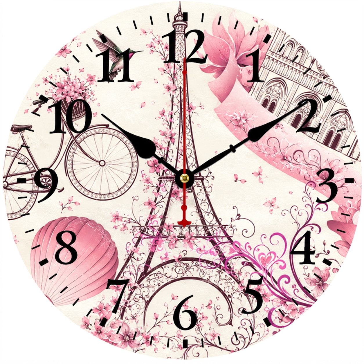 9 . 84 Inch Pink Floral Wall Clock, Eiffel Tower Paris Decor, Battery Operated Analog Clock with