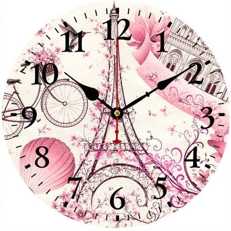 9.84 Inch Pink Floral Wall Clock, Eiffel Tower Paris Decor, Battery Operated Analog Clock with Easy Read Numbers, French Style Home Decor for Bedroom Living Room Kitchen