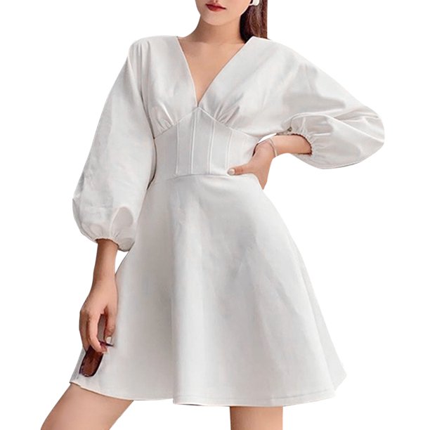 Moda mujer vestido de color sólido con cuello en V manga larga puff manga plisado elegante mini vest Abanopi Medio