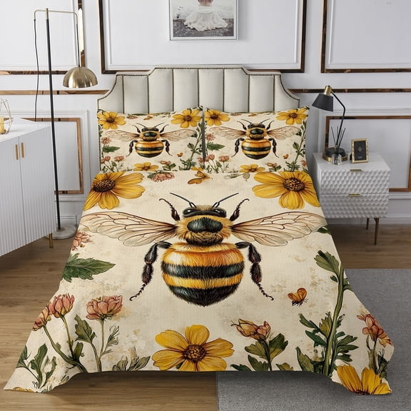 Erosebridal Wild Bee Bedspread Sets Queen Size, Animal Wildlife Bed Set, Vintage Floral Decor, 3pcs