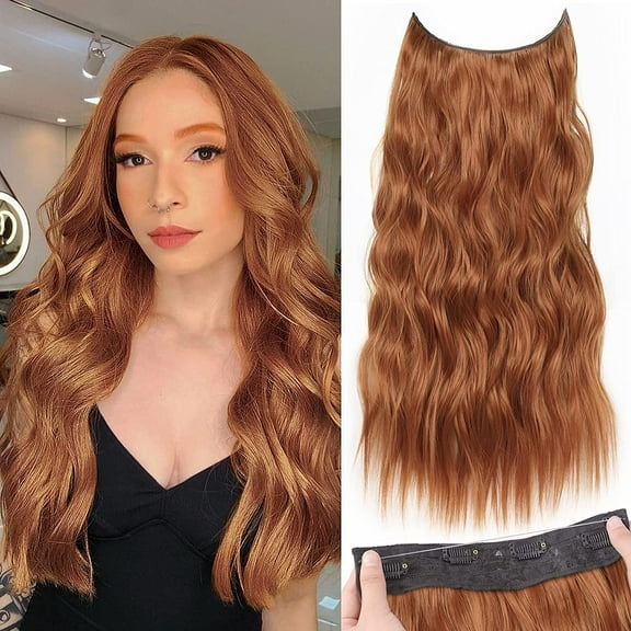 Invisible Wire Hair Extensions with Transparent Headband Adjustable Size 4 Secure Clips Long Wavy Secret Wire Hairpiece 24 Inch Copper Red for Women