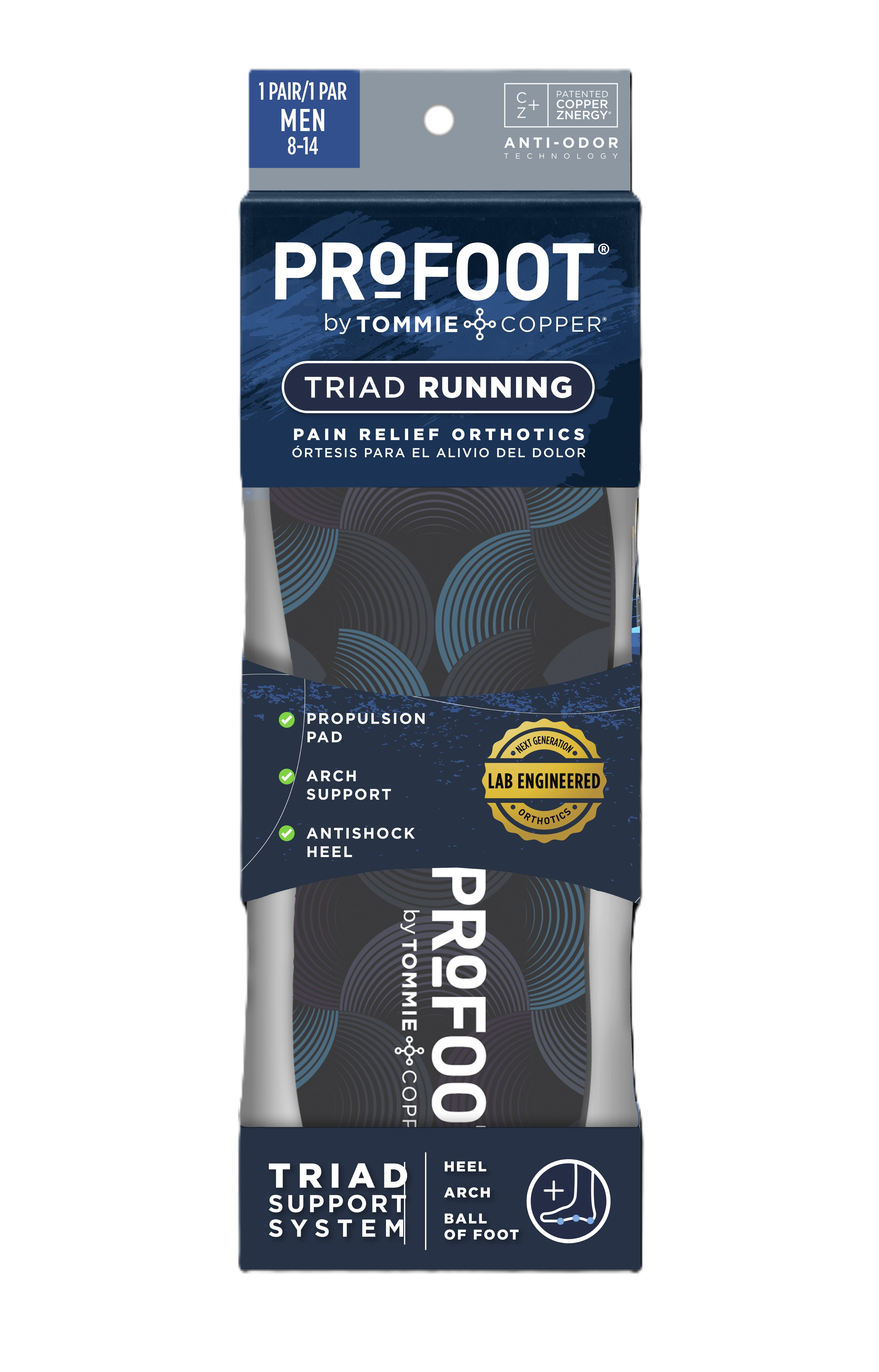 (2 pack) ProFoot Full Length Triad Running Orthotic Insole for Knee, Leg & Back Pain, Mens 8-13, 1 Pair