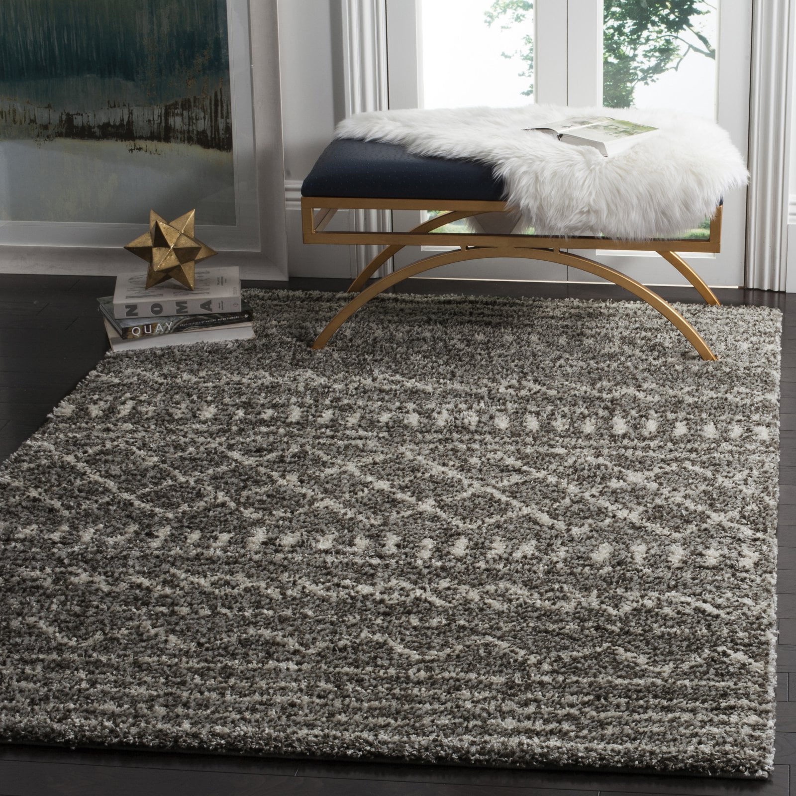 SAFAVIEH Arizona Teagan Geometric Striped Shag Area Rug, Ivory/Beige, 9' x 12'