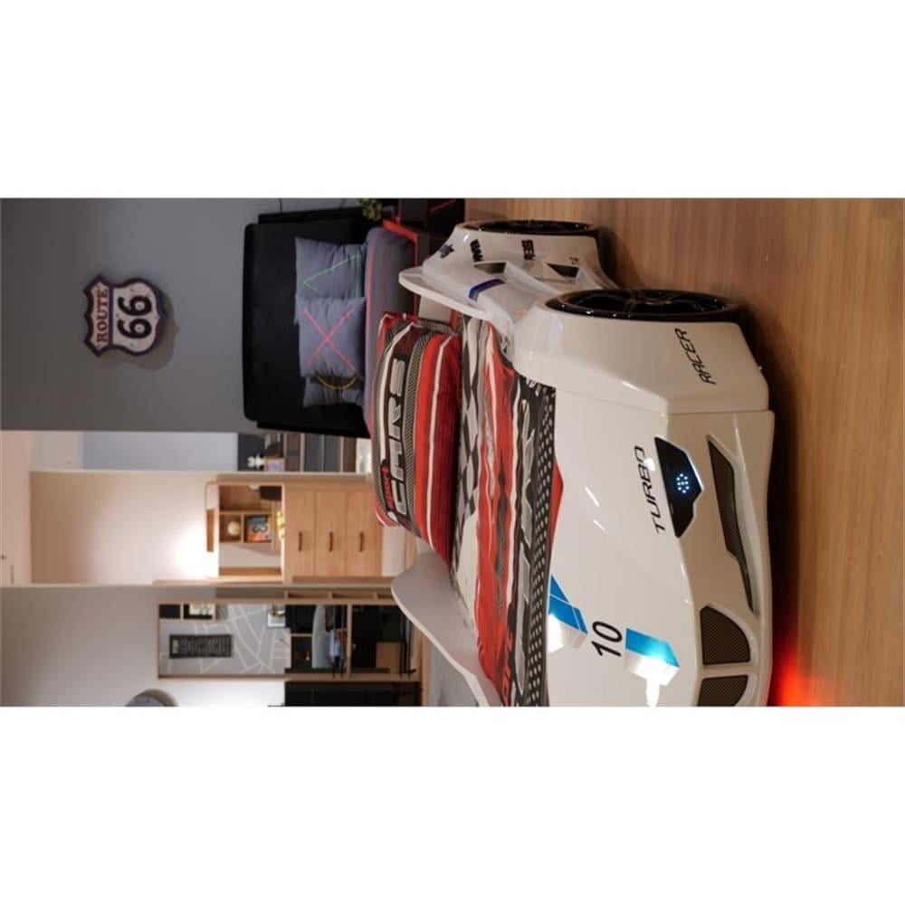 Pemberly Row Modern Wood Twin Race Car Bed with Remote Control in White