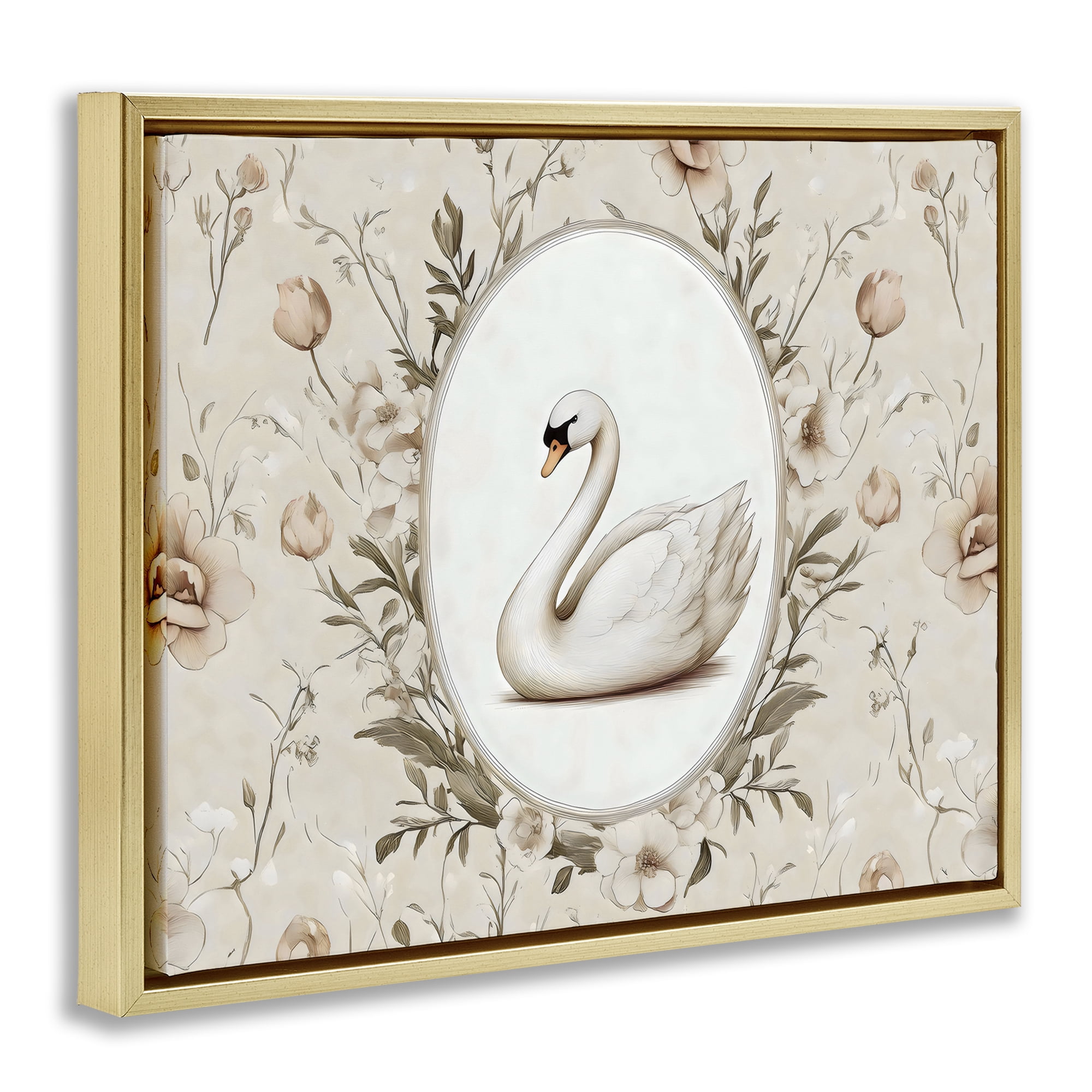 Stupell Industries Swan Vignette in Floral Border Gold Framed Floater Canvas Wall Art, design by Arlington Prints