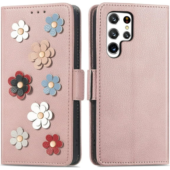 Fashion 3D Flower Leather Flip Phone case with Wallet Card Holder Stand for Samsung Galaxy A10 A11 A21 A30 A50 S A51 A52 A53 A73 4G 5G Cover Glamorous Full wrap-Around Bumper(Pink,A21S)