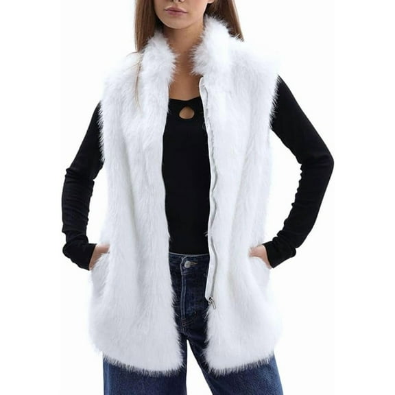 Amazhiyu Women's Faux Fur Zip Up Vest Stand Collar Sleeveless Jacket with Pocket