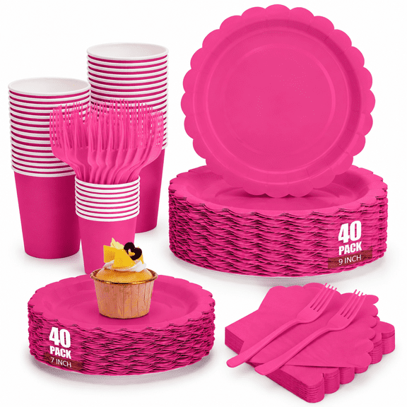 Hot Pink Disposable Party Supply Set, Serves 40 Guests, Includes Plates, Cups, Utensils, Napkins