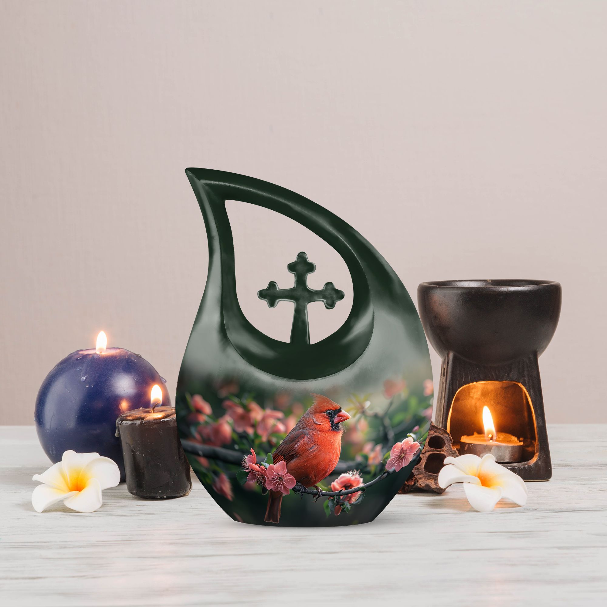 MUKTIVE Red Cardinal Bird on Blossom Tree Funeral Urn for Ashes Women & Men, Decorative Memorial Urn for Human Ashes, Combo Set, (1 Large 10 ", 4 Keepsake 3 ")