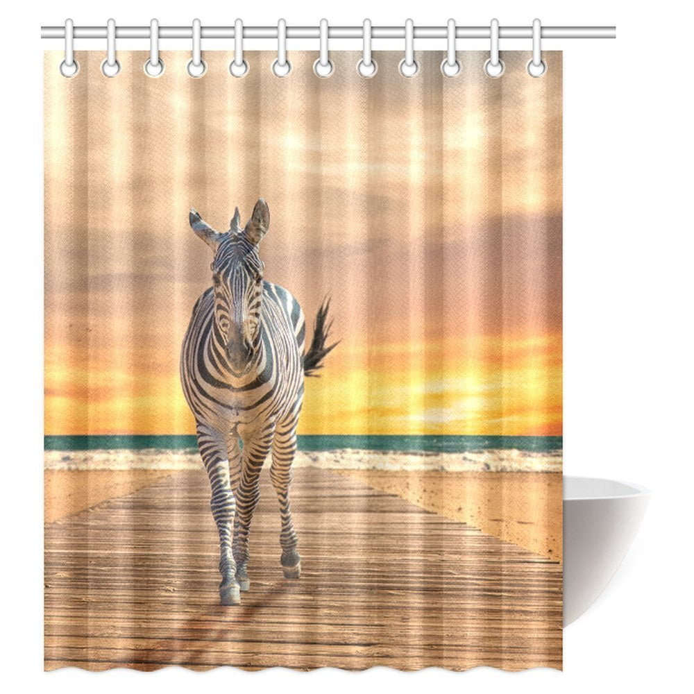 MYPOP Animal Decor Shower Curtain, Zebra Walking On Wooden Plank At ...