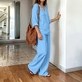 thumbnail image 5 of BRELIL Women Plus Size Summer V Neck Blouse Wide Leg Pants Two Piece Sets Casual Solid Boho Beach Vacation Travel Outfits Loungewear, Blue M, 5 of 7