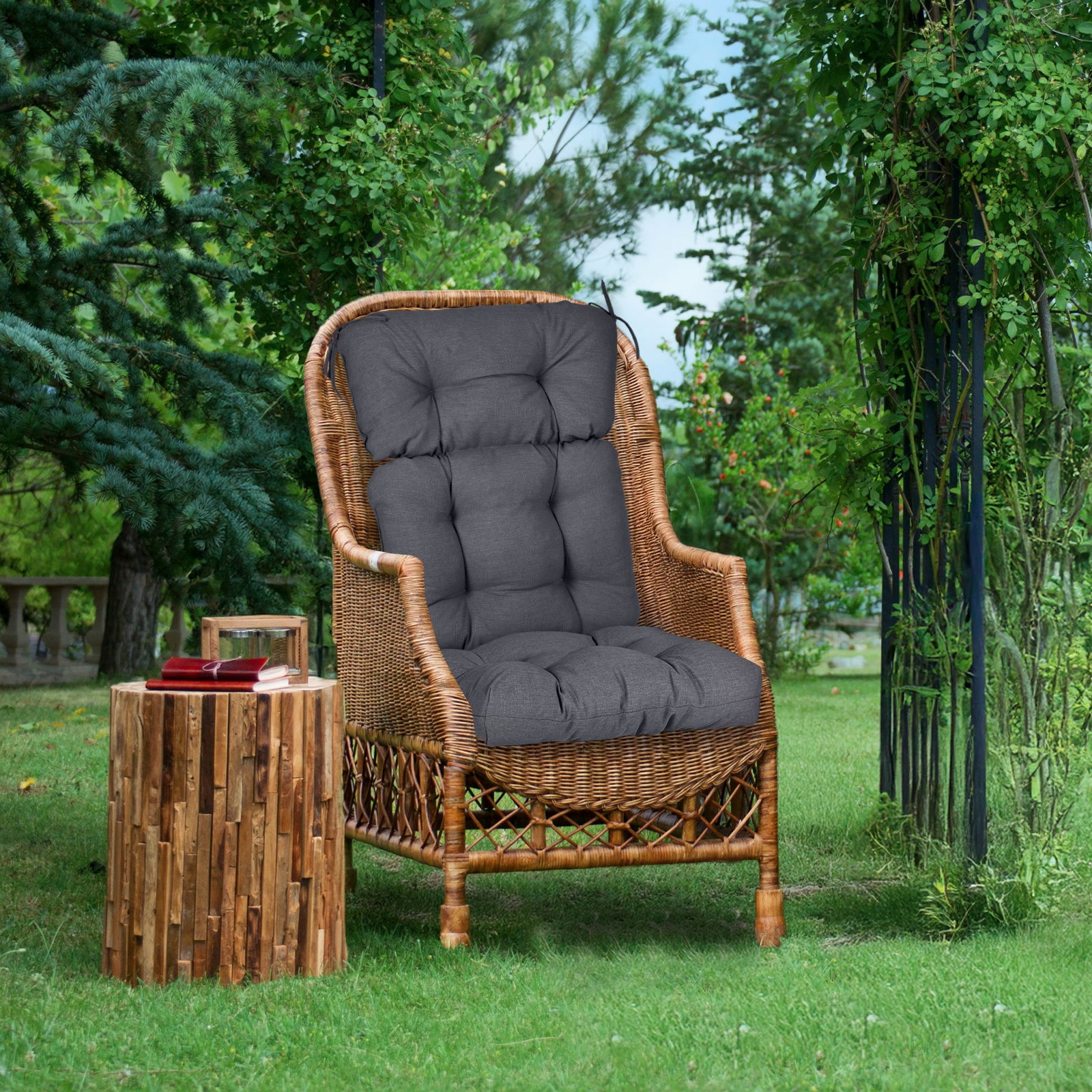 Aoodor Outdoor 45"x 22" x5" Tufted High Back Cushions Patio Replacement Chair Cushion with Ties, Water and Fade Resistant for All Weather (Dark Gray, Set of 2）