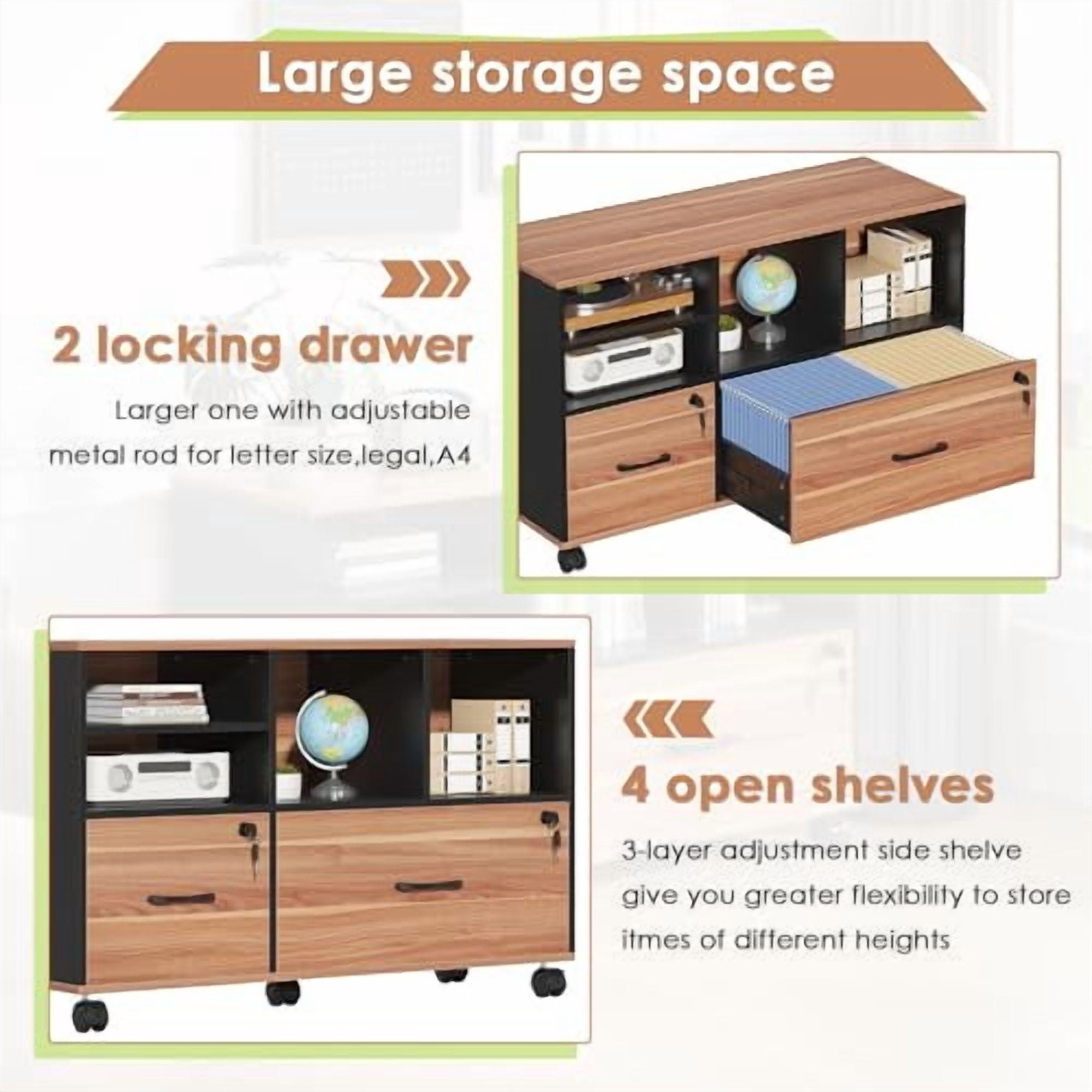 Semoic 2 Drawer File Cabinet for Home Office, Lockable Rolling Filing Cabinet with Adjustable Shelves, Wood Lateral File Cabinet with Lock, Printer Stand Office Storage Cabinet, Ru