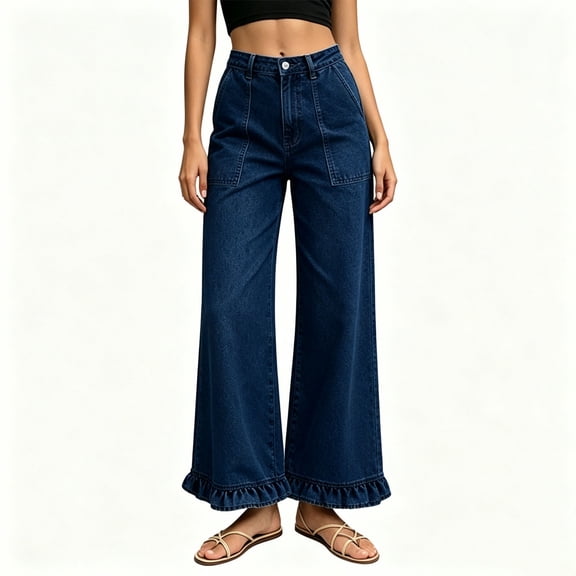 SwiftWear Wide Leg Jeans for Women High Wasited Baggy Trendy Cute Denim Jean Ruffle Hem Pants with Pockets