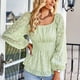 thumbnail image 4 of Camisas de manga larga abullonada para mujer, escote elástico, cintura alta, línea A, dobladillo de múltiples capas, Top elegante verde claro XL, 4 of 7