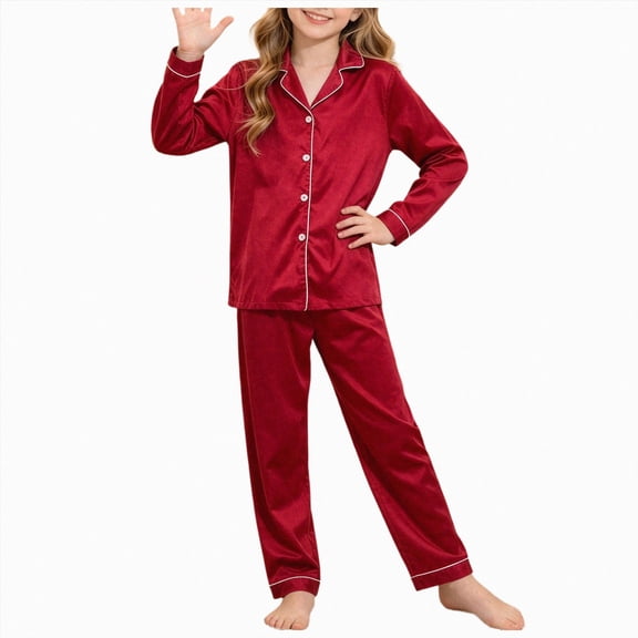 sdbrld Girls Christmas Pajamas Silk PJS Set Sleepwear Long Sleeve Jammies for Teen Button-Down Nightwear Loungewear Sizes 13-14 Years