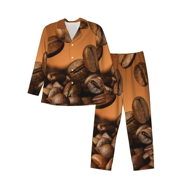 Balery Coffee Beans Pijama para Hombre de Dos Piezas con Manga Larga, Conjunto de Dormir y Descanso Suave con Bolsillos-X-Large