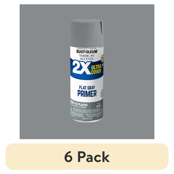 (6 pack) Gray Primer, Rust-Oleum American Accents 2X Ultra Cover Flat Spray Paint-327912, 12 oz