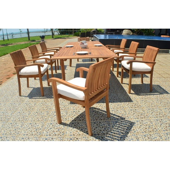 Teak Dining Set:8 Seater 9 Pc -118" Rectangle Table And 8 Stacking Napa Arm Chairs Outdoor Patio Grade-A Teak Wood WholesaleTeak #WMDSNPi