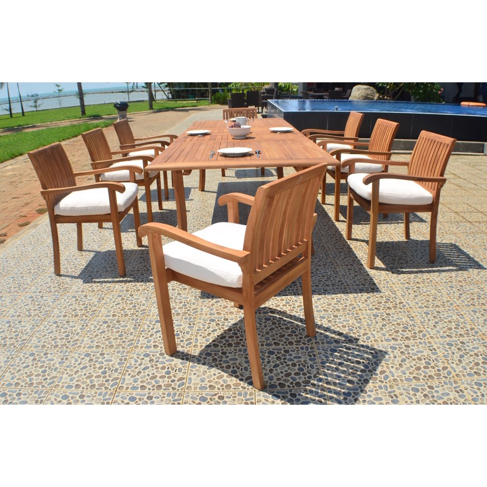 Teak Dining Set8 Seater 9 Pc 118" Rectangle Table And 8 Stacking Napa Arm Chairs Outdoor Patio