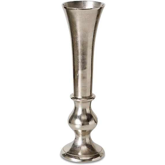 Silver Trumpet Table Vase, Slim and Sleek, Polished Metal, Hand Made, Cast Aluminum, 18 Inches Tall, Opening 4.25 (22.0 H cm).
