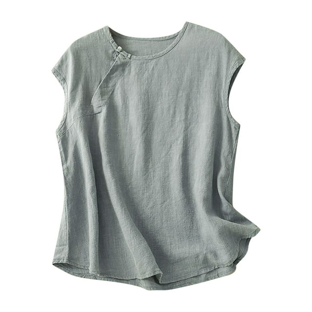 Timegard Womens Cotton Linen Tank Tops Plus Size Crew Neck Lightweight Summer Casual Loose Tops Blouse