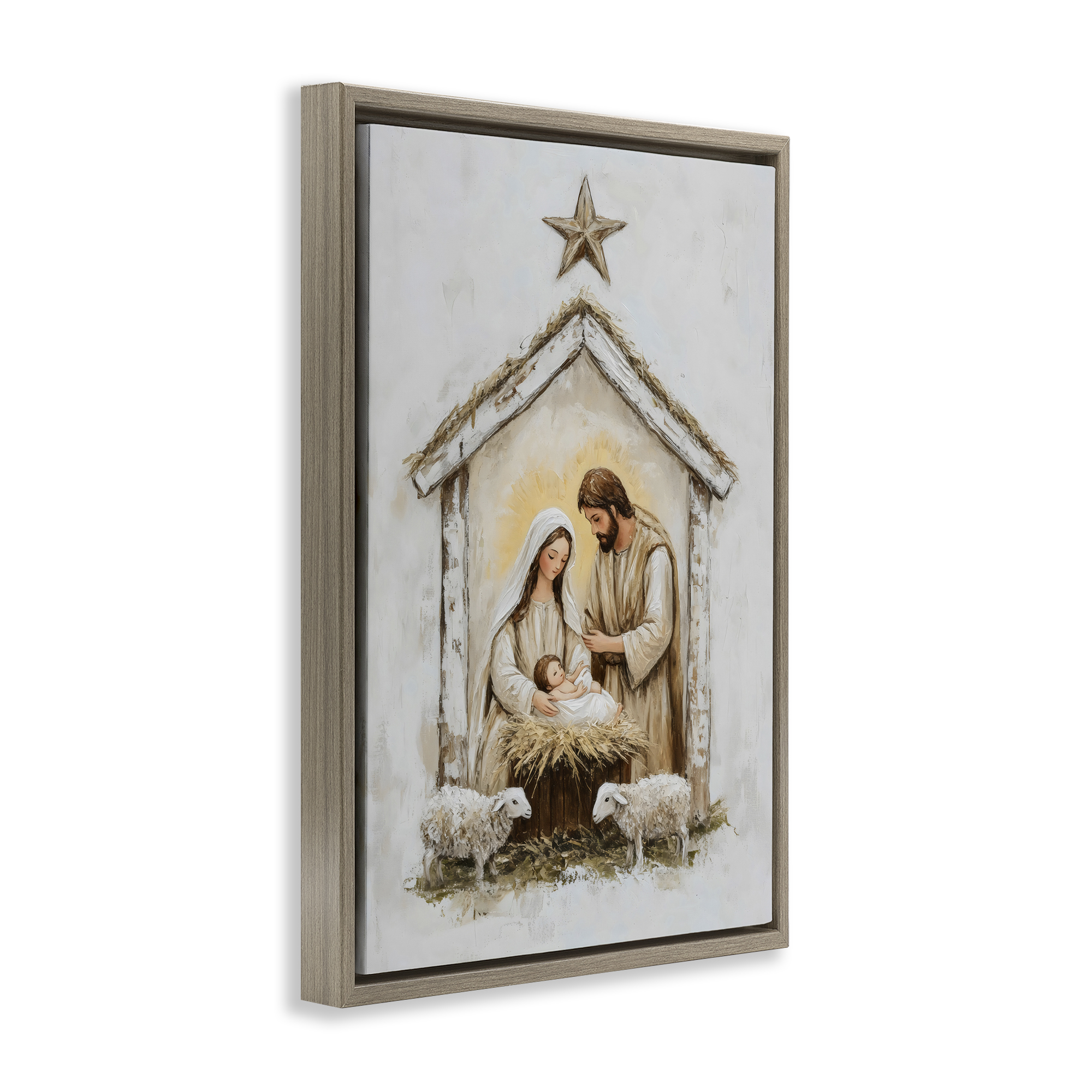 Little Lambs & Nativity Brown Framed Floater Canvas Wall Art, design by Petal Prints Design