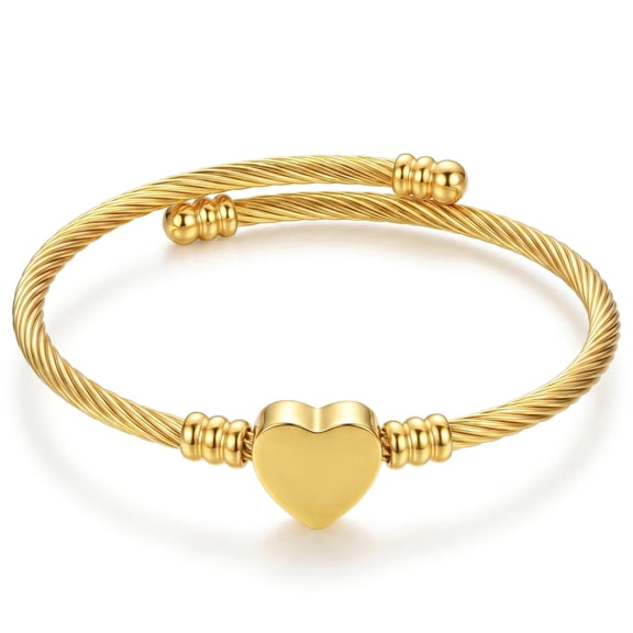 Stainless Steel Heart Cable Wire Open Cuff Bangle Bracelet, Adjustable Twisted Metal Bracelet for Women Daily Jewelry