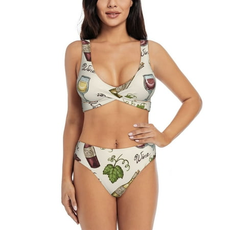 Zeuib Grapes Bbottles Wine High Waisted Tummy Control Bikini Set - Knot Front Push Up Top & Cheeky Thong Bottom  Two-Piece Swimsuit for Women-XX-Large