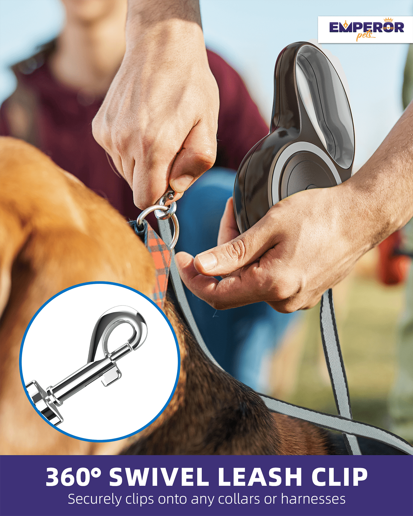 Emperor Pets 26 ft Retractable Dog Leash for Large Dogs, Up to 110 lbs, Heavy Duty, Gray - GY26