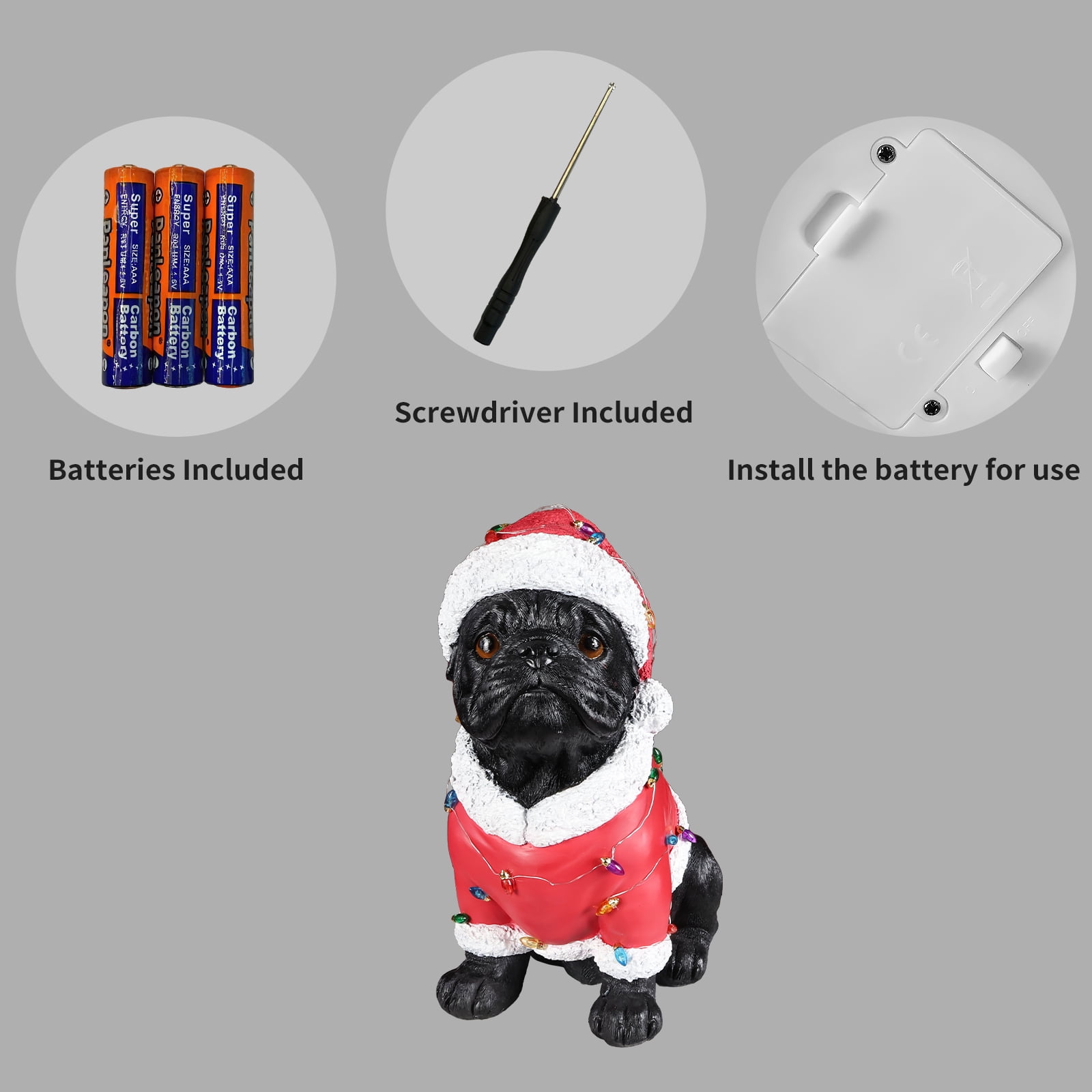Pug Santa Outfit Christmas Dog Statue with Santa Hat Bulb Accents Holiday Tabletop Decor
