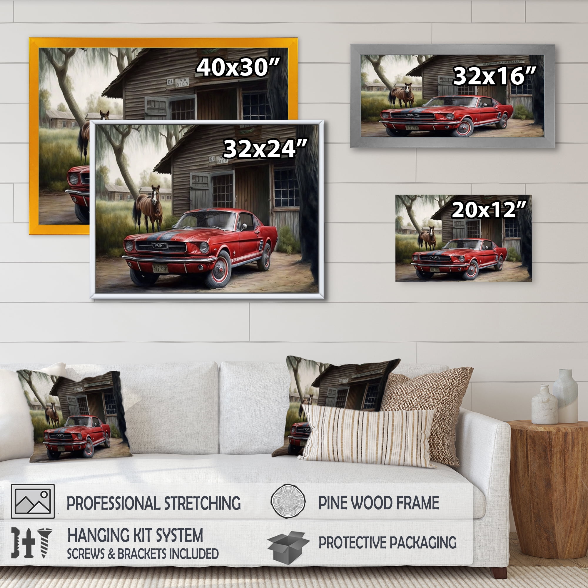 Designart Red Mustle Car On A Ranch Canvas Wall Art