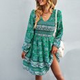 thumbnail image 2 of Vestido de manga larga con cuello en V para mujer, elegante, elástico, fruncido, estampado floral, para fiesta en la playa, verde, XL, 2 of 6