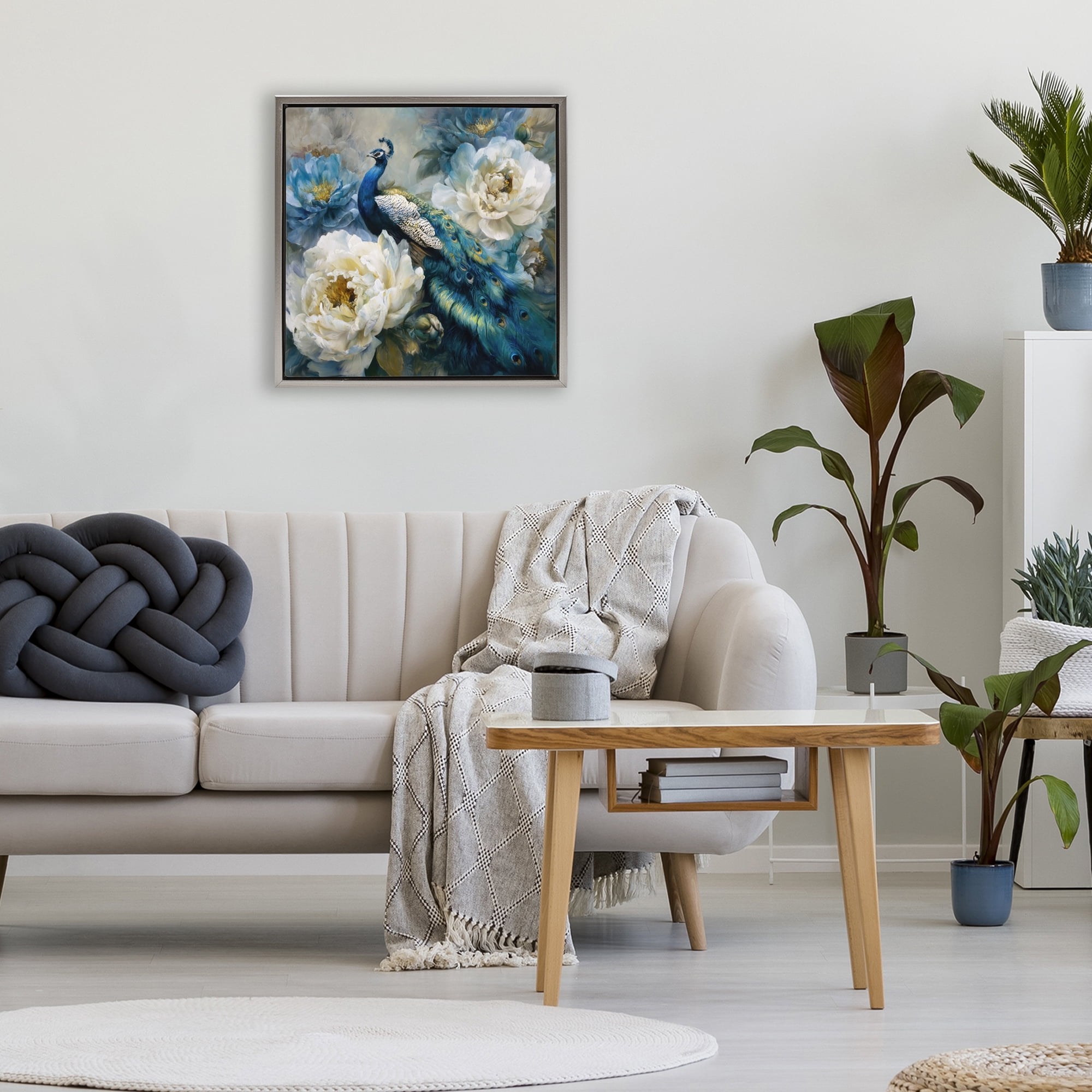 Stupell Industries Pretty Peacock with Roses Gray Framed Floater Canvas Wall Art, design by Tina LeCour