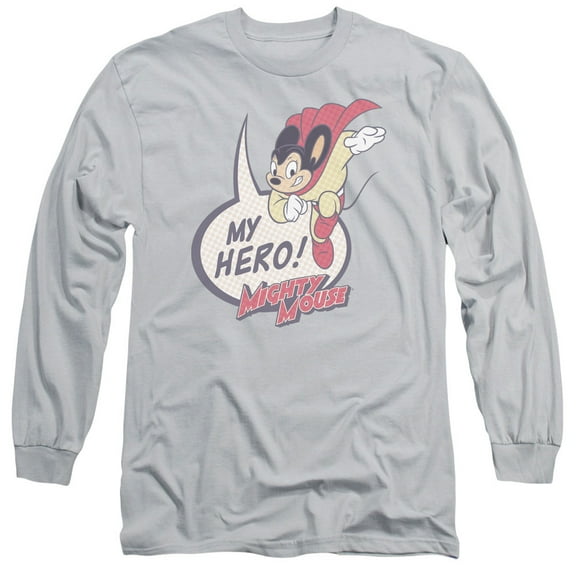 Mighty Mouse My Hero Long Sleeve Adult 18/1 T-Shirt Silver