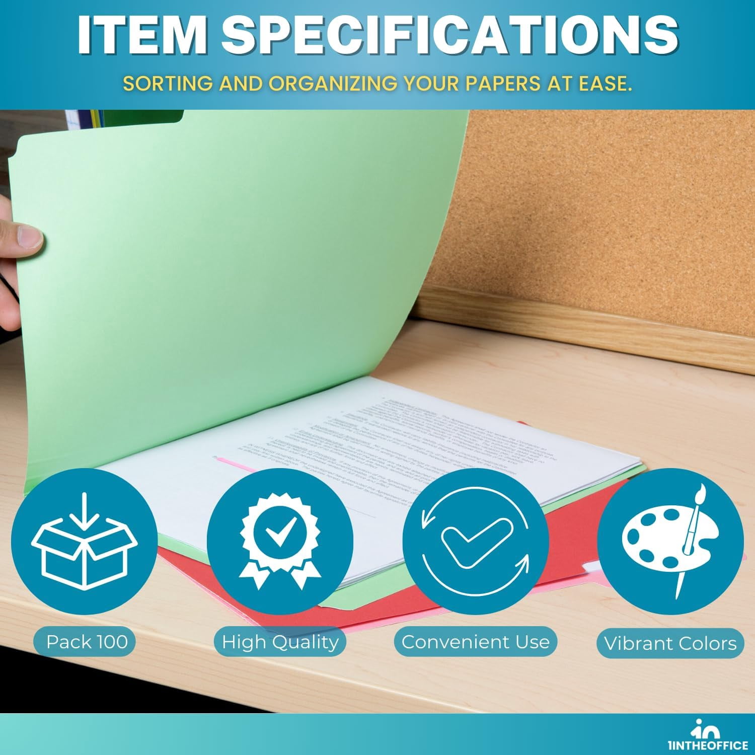 1InTheOffice Colored File Folders, Top-Tab File Folders, 3 Tab, 5 Assorted Colors, Letter Size, 100/Pack