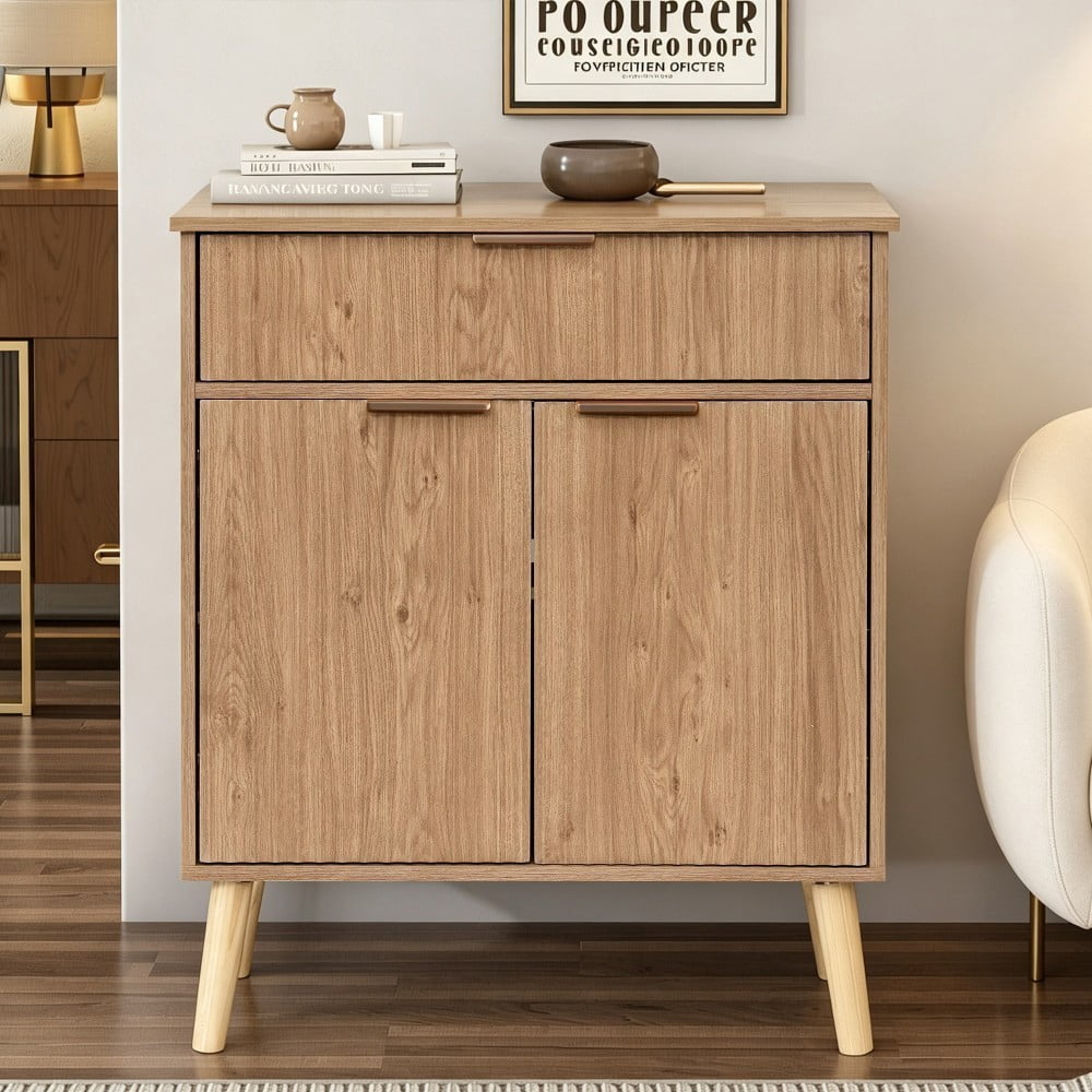 Kitchen Storage Cabinet, Buffet Cabinet with 2 Doors & Drawer, Adjustable Shelves, Wood Sideboard with Solid Wood Legs, Natural