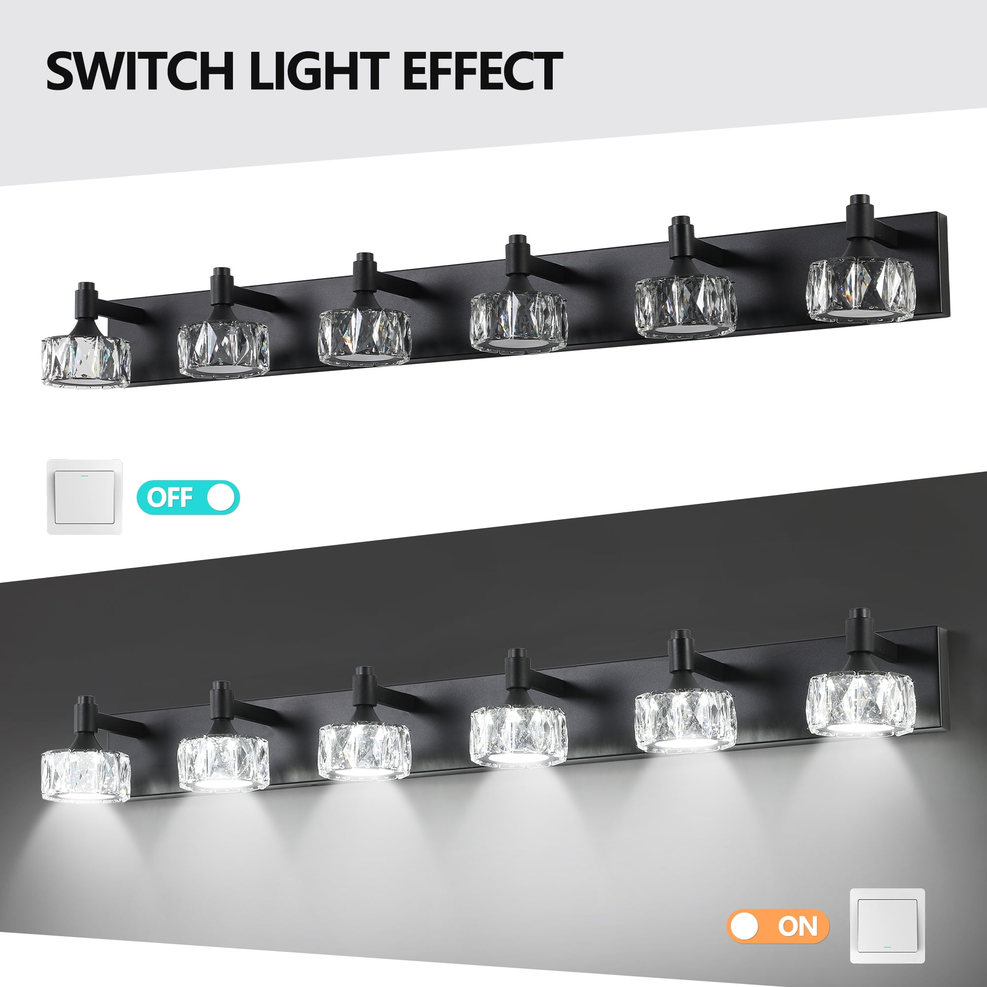 Jopath Modern 6-Light Matte Black LED Vanity Light Fixture with Crystal Glass Shades, Elegant and Contemporary Bathroom Wall Sconce for Bathroom Vanity Mirror